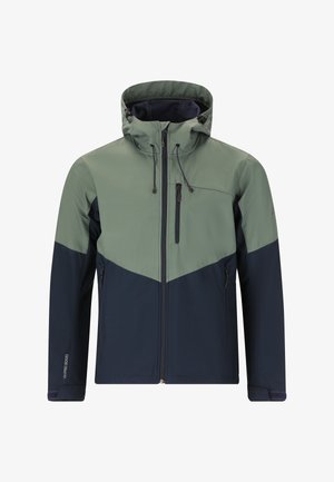 Vedeně odolná bunda v olivově zelené a námořnické modré. Obsahuje kapuci, kapsy na zip a šikmý design s blokováním barev s hladkou texturou.
