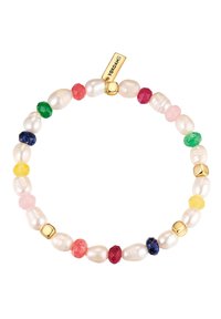 Bracciale colorato con perle irregolari, gemme rotonde colorate in rosa, verde, blu, giallo e rosso, e accenti dorati.