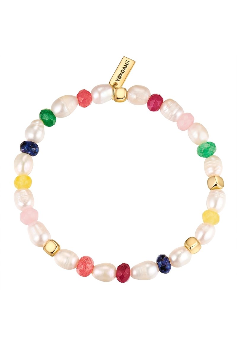 Colorful bracelet featuring irregular pearls, round colorful gemstones in pink, green, blue, yellow, and red, and gold accents.