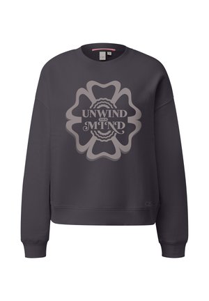 Dunkelgrauer Sweatshirt mit einem auffälligen "UNWIND YOUR MIND"-Grafik in hellgrau, Rundhalskragen und gerippten Bündchen und Saum.