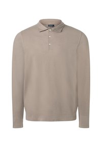 Polo a maniche lunghe in tessuto beige chiaro, con colletto classico, una chiusura a tre bottoni e polsini a costine.