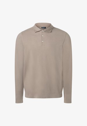 Langarm-Polohemd aus hellbeigem Stoff, mit klassischem Kragen, einer Knopfleiste mit drei Knöpfen und gerippten Bündchen.