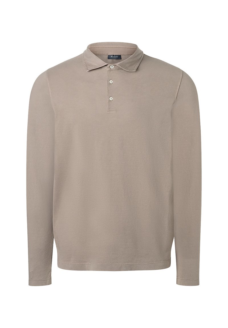 Polo a maniche lunghe in tessuto beige chiaro, con colletto classico, una chiusura a tre bottoni e polsini a costine.