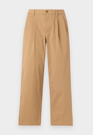 Light brown straight-leg trousers with front pleats, belt loops, and a button closure at the waistband against a plain background.