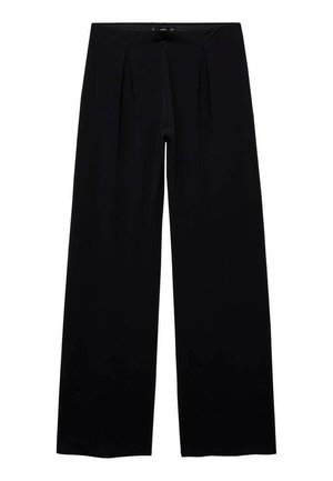 Pantalons larges noirs avec une texture lisse, deux plis avant et une taille élastique pour le confort. Pas de matériel ou de motifs visibles.