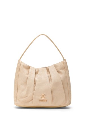 Borsa a mano in pelle beige texturizzata con una corta tracolla singola, design anteriore arricciato e logo Lancetti dorato nella parte inferiore centrale.