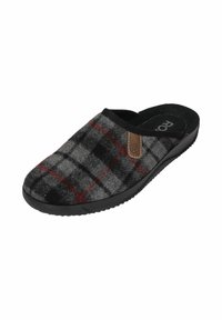 Plush slip-on slippers in gray and black plaid pattern with red accents, featuring a black rubber sole and a brown leather tag.