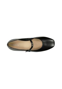 Schwarze Ballerina mit runder Zehenpartie, aus glattem Leder gefertigt. Verfügt über einen dünnen, verstellbaren Riemen und eine gepolsterte Innensohle mit Perforationen.