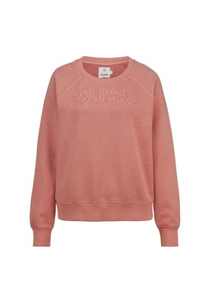 Pink sweatshirt with a round neckline, ribbed cuffs and hem, featuring "OPEN HEARTS OPEN MINDS" embroidered on the front. Soft texture.