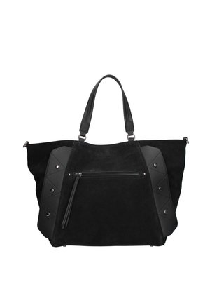 Sac cabas en daim noir avec accents en cuir, doubles poignées, poche avant zippée et clous métalliques décoratifs sur les panneaux latéraux.