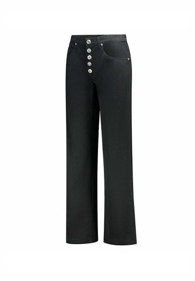 Pantalons noirs taille haute en coton avec une coupe évasée, dotés de cinq boutons en métal argenté et de poches avant.