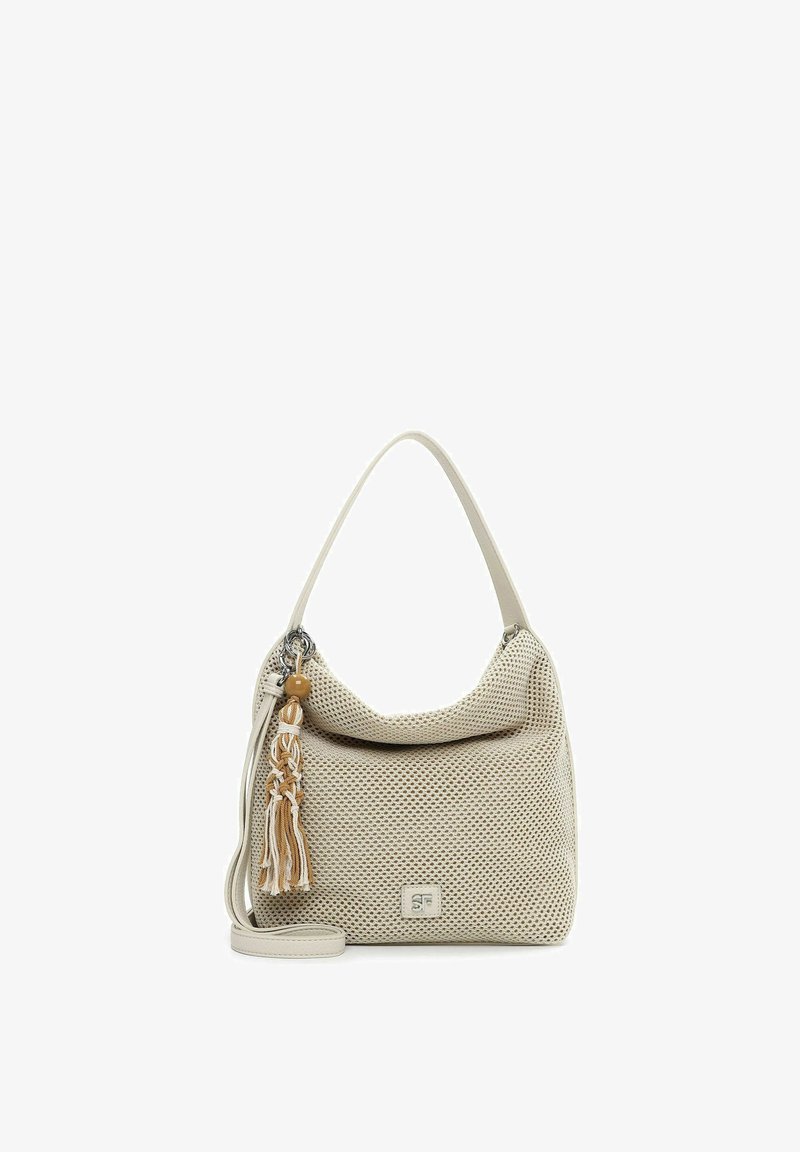 Borsa a spalla beige con texture, decorata con nappina intrecciata e perle rotonde, dotata di manico corto e tracolla lunga rimovibile.