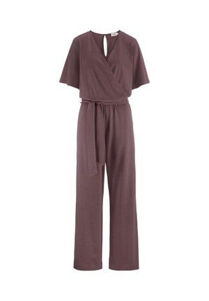 Wickel-Jumpsuit in dezentem Mauve, mit kurzen Ärmeln, einem V-Ausschnitt mit Schlitz und einem gebundenen Taillenband, aus weichem Stoff gefertigt.