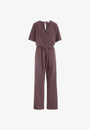 Wrap jumpsuit in muted mauve, featuring short sleeves, a V-neckline with a keyhole, and a tied waist, made from soft fabric.