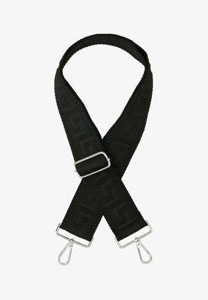 Schwarzer gewebter Gurt mit einem geometrischen Muster, ausgestattet mit silbernen Hardware-Clips an beiden Enden und einer verstellbaren Metall-Schnalle.