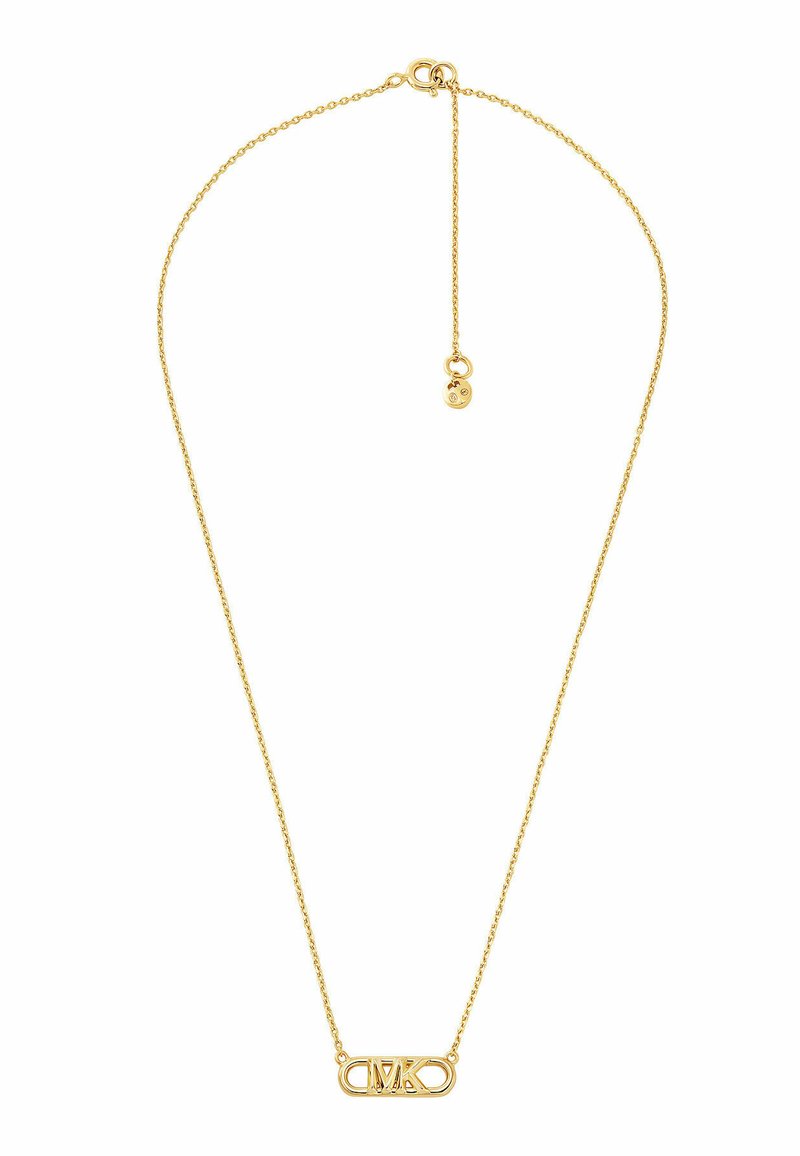 Collier doré avec une chaîne fine et un pendentif central présentant des lettres entrelacées "MK". Texture lisse et design minimaliste.