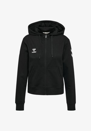 Zwarte hoodie met rits, gemaakt van een katoenmengsel, voorzien van een capuchon met trekkoord, voorzakken en een wit logo op de borst met drie strepen op de mouwen.