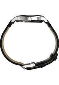 Rund ur med en sølv metal kasse, sort læderrem og en poleret sølv hardware-spænde. Har et glat glasdæk.