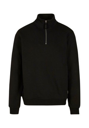 Sort pullover sweatshirt med høj krave, der har en kvart lynlås, elastiske manchetter og en glat tekstur. Enkel design uden mønstre.