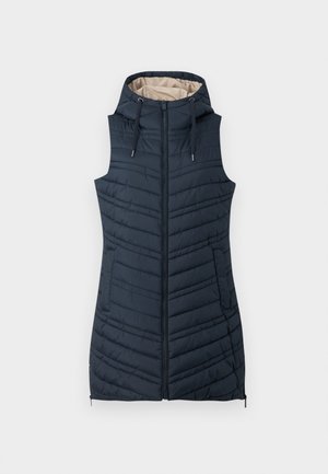 Navy quilted vest with a hood, zippered front, and two side pockets. Features vertical stitching and a light beige interior lining.