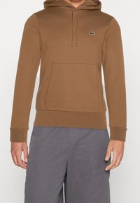 Brown hooded sweatshirt made of soft fabric. Features a front pocket, ribbed cuffs, and a small green logo on the chest. Smooth texture.