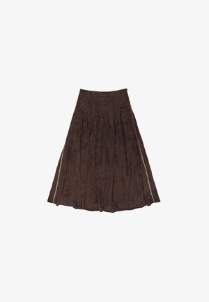 Bruine geplooide rok van zachte stof. Heeft een elastische tailleband en een metalen ritsdetail aan de zijkant.