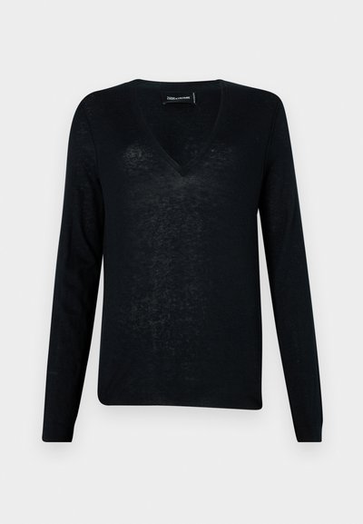 Zwarte langemouwen V-halstrui van een lichtgewicht, semi-doorschijnend materiaal met een ontspannen pasvorm en een minimalistisch ontwerp.