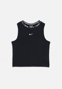 Μαύρο αμάνικο crop top από βαμβάκι, με στρογγυλή λαιμόκοψη, λευκό λογότυπο Nike στο κέντρο και γιακά με επωνυμία.