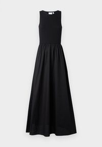 Μαύρο αμάνικο μάξι φόρεμα με εφαρμοστό κορσέ και πλυμμένο φουστάνι, φτιαγμένο από ομαλό ύφασμα με ελαφριά γυαλάδα. Ετικέτα ορατή στον λαιμό.