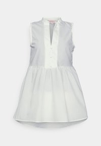 Vestido branco sem mangas com frente de botão, colarinho e saia franzida. Feito de um tecido liso e leve.