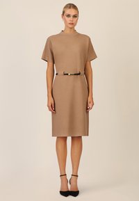 Kurzärmliges, braunes Kleid mit lockerer Passform und einem schwarzen Gürtel in der Taille. Glatte Textur, knielang, klassisches Design mit subtiler Eleganz.