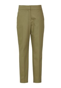 Olijfgroene op maat gemaakte broek met een hoge taille, een plooival langs de voorkant van elk been en een verborgen sluiting aan de voorkant.