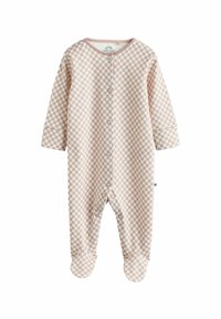 Lyserød og hvid ternet babydragt med lange ærmer, trykknapper foran og foddesign for ekstra varme.