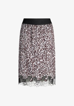 Spódnica w panterkę z miękkiego materiału, wyposażona w czarny elastyczny pas i ozdobny koronkowy brzeg, dodający faktury oraz kontrastu.