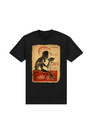 Schwarzes T-Shirt mit Vintage-Poster-Grafik eines skelettierten Zombies, der ein Gehirn hält, mit französischem Text über eine "Zombie Noir"-Tour.