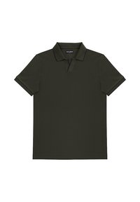 Ciemnozielona koszulka polo wykonana z fakturowanej tkaniny, z zapięciem na trzy guziki, krótkimi rękawami oraz kontrastowym wykończeniem kołnierzyka.