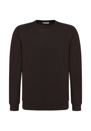 Suéter de punto marrón con mangas largas, escote redondeado y puños acanalados. Presenta un pequeño logo en el pecho. Textura suave en todo el suéter.