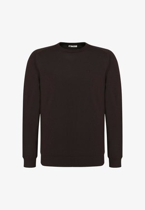 Bruine gebreide trui met lange mouwen, ronde halslijn en geribbelde manchetten. Bevat een klein logo op de borst. Gladde textuur overal.