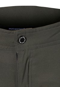 Grå stofshorts med en flad talje, der har en sort knap og diskret syninger. Inkluderer plisséer for forbedret bevægelse og pasform.