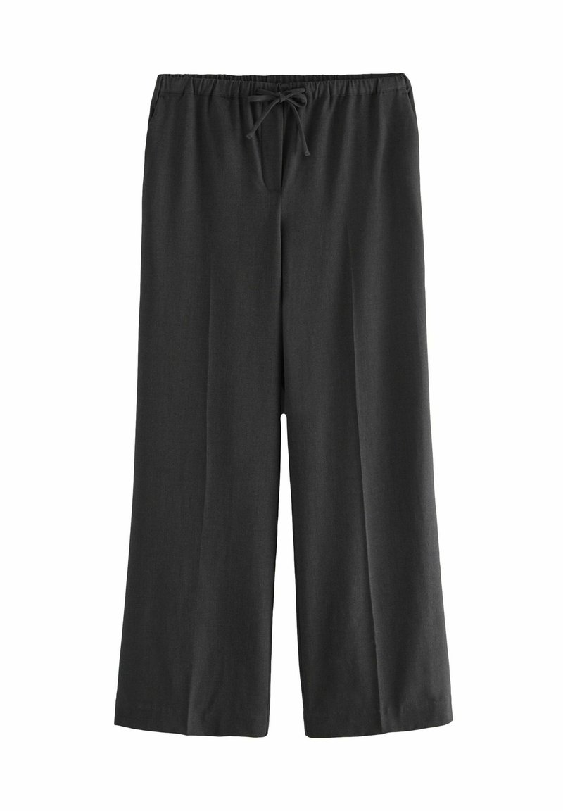 Pantalons à jambes larges gris foncé, avec une taille élastiquée à cordon. Fabriqués en tissu doux avec une texture lisse et sans motifs visibles.
