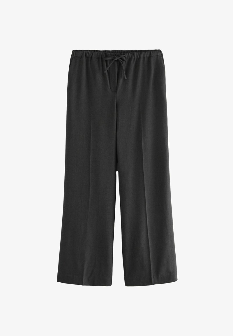 Pantalons à jambes larges gris foncé, avec une taille élastiquée à cordon. Fabriqués en tissu doux avec une texture lisse et sans motifs visibles.