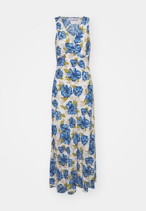 Maxi dress featuring a floral pattern in blue and green, with a deep V-neck and sleeveless design. Made from lightweight fabric.