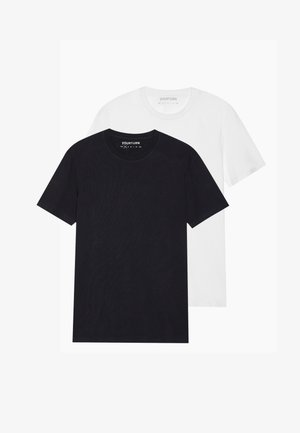 Two short-sleeve t-shirts in black and white. Made of soft cotton, featuring a round neck and minimalist design. Label visible on the collar.