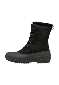 Botas de invierno negras aisladas, con un upper texturizado, cierre de cordones, suela de goma y suave forro de piel sintética en la parte superior.