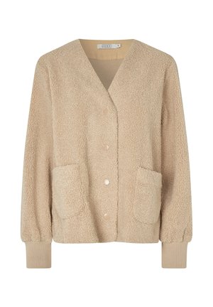 Beige, struktureret fleece cardigan med V-hals, forreste knaplukning og to påsatte lommer. Ribbetrækkede ærmer og blødt materiale.