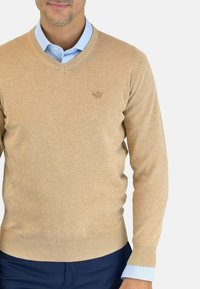 Suéter de lana beige con cuello en V y puños y dobladillo acanalados. Presenta un logotipo bordado en el pecho. Lleva puesto sobre una camisa de color azul claro.