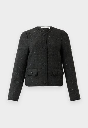 Black textured long-sleeve jacket with round neckline, front buttons, and two buttoned flap pockets.