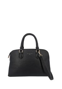 Borsa a mano in pelle nera con doppi manici superiori, tracolla rimovibile, accessori in tonalità oro e una finitura testurizzata. Logo esposto sul davanti.