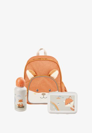 Orange fox-themed children's backpack with matching water bottle and lunchbox featuring fox and rainbow illustrations.