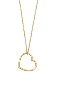 Guld hjerteformet vedhængs kæde på en fin kæde, med en glat overflade og åbent design. Simpelt og elegant.